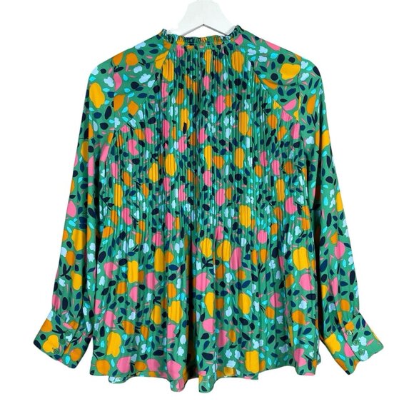 Halogen Pleated Long Sleeve Blouse S Colorful Abstract Floral Print Ruffle Neck - Picture 2 of 11